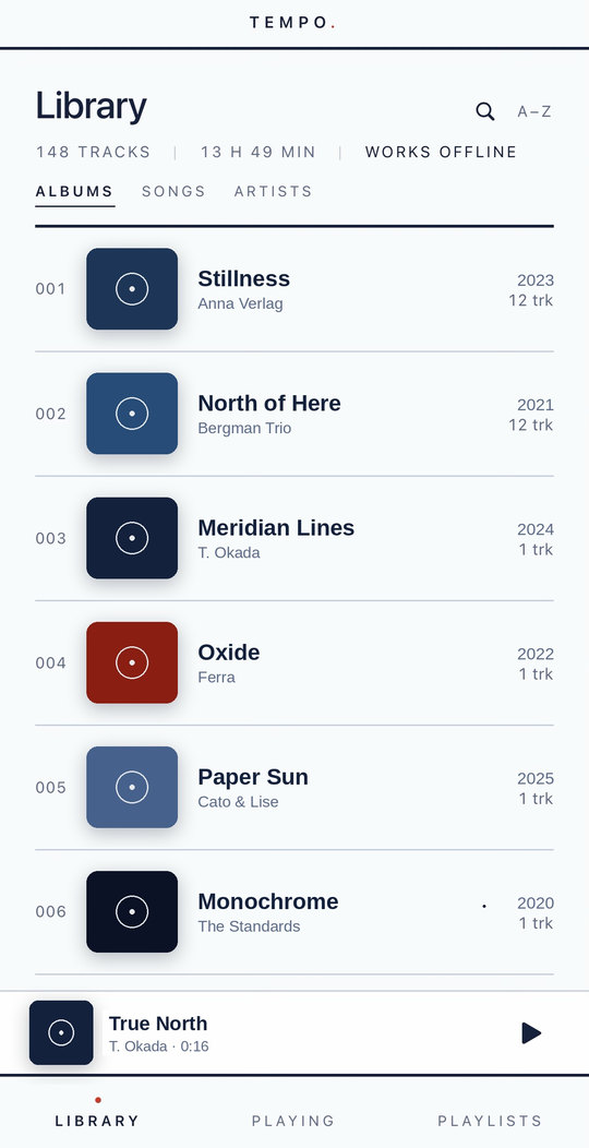Tempo library: a numbered album list with year and track count, marked Works offline.