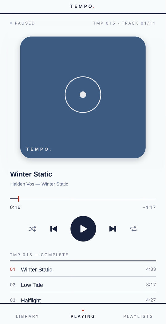 Tempo now playing: artwork, a scrubber with a red needle, transport controls and a numbered track list.